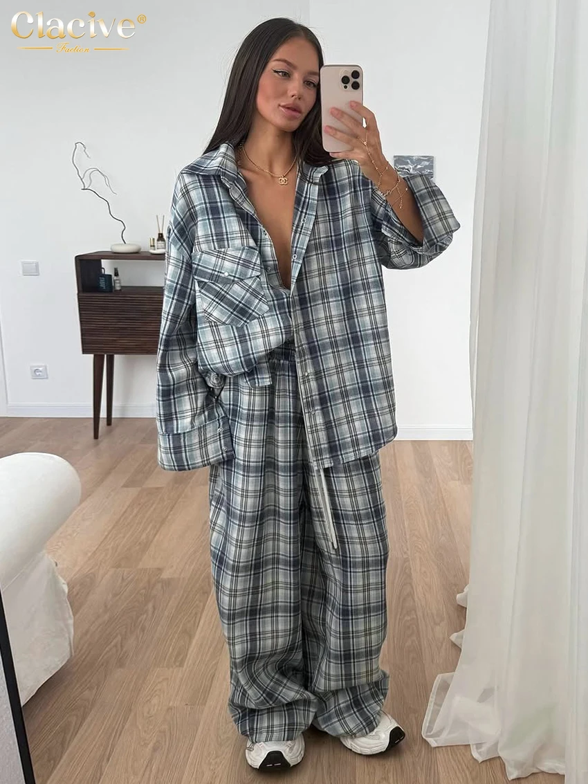 

Clacive Fashion Loose Blue Plaid 2 Pieces Set For Woman 2025 Elegant Long Sleeve Shirt With High Waist Wide Pants Set Female