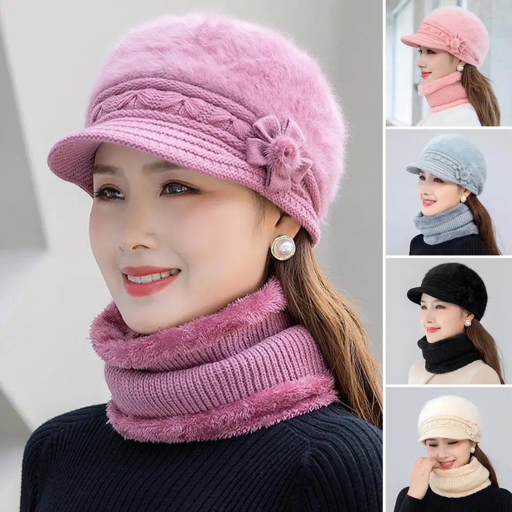 2 Stück Herbst Winter Mützen Mützen Hals wärmer gestrickt Spitze Blume Pompon Dekor thermische Frauen mittleren Alters Strick mütze Schal Set