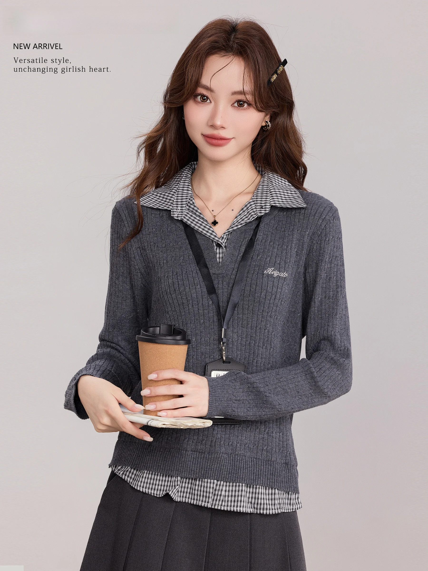

Linjou Knitted Neck Shirt Grid Pattern Women's Spring Casual Loose Fit Padded Two-Piece Style Polyester Blend Long Sleeve