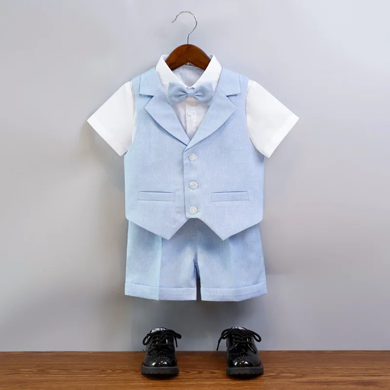 Boys Summer Soft Breathable Photography Suit Kids Cool Vest Shirt Shorts Bowtie Ceremony Costume Boys Silm Fit Wedding Dress