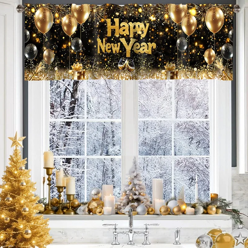 2026 سنة جديدة سعيدة ستائر قصيرة الستائر الألعاب النارية والبالونات علاجات النوافذ زينة السنة الجديدة للحمام المطبخ المنزلي #1