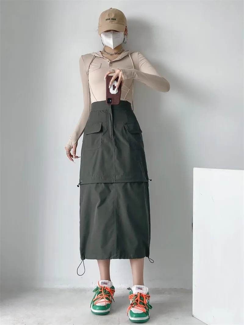 American Retro Two-Way Wearable Detachable A-Line  Skirt High Waist Street Sle Pure Color Versatile for ort Women