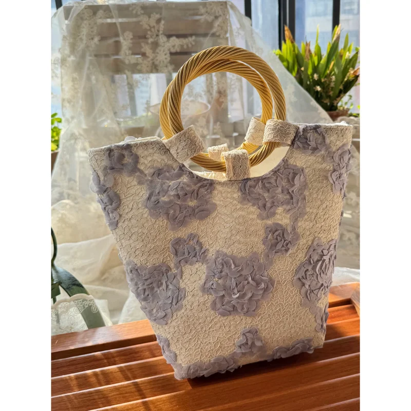 Chinese Style Elegant Classical Cheongsam Women Bag Spring Romantic Gentle Purple Lace Flower Exquisite Bamboo Weaving Handbag