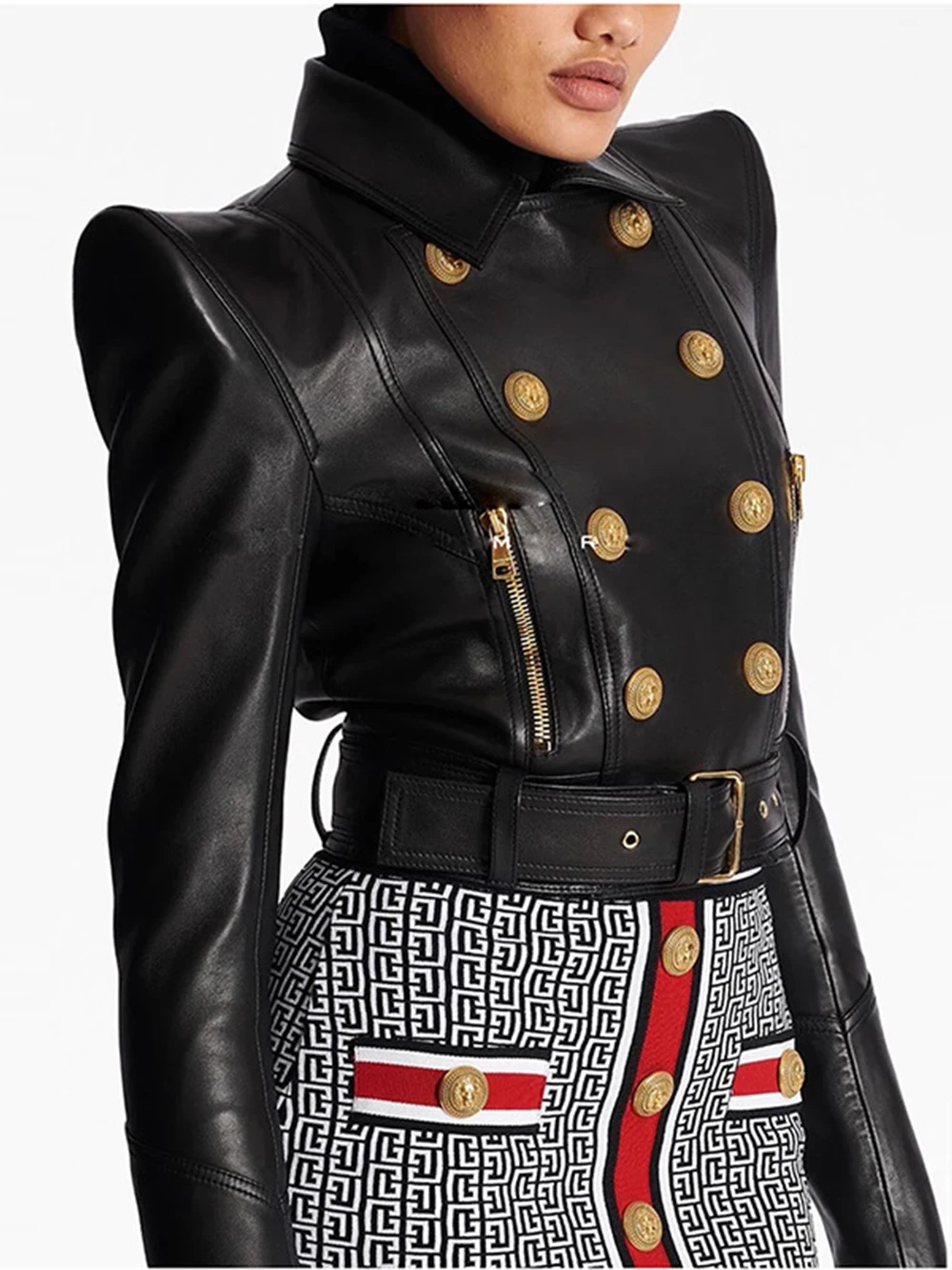 Modphy 2026 New Slim Double Dreasted Pu Faux Leather Short Jacket with Belt Streetwear Female Retro Moto Biker Coat Outwear