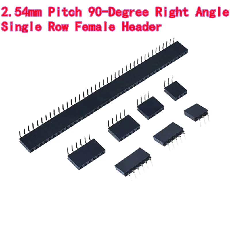 20PCS 2.54mm Pitch 90-Degree Right Angle Single Row Female Header, 1×2/3/4/5/6/8/10/40 Pin, Bent Pin, Plastic Height 8.5mm
