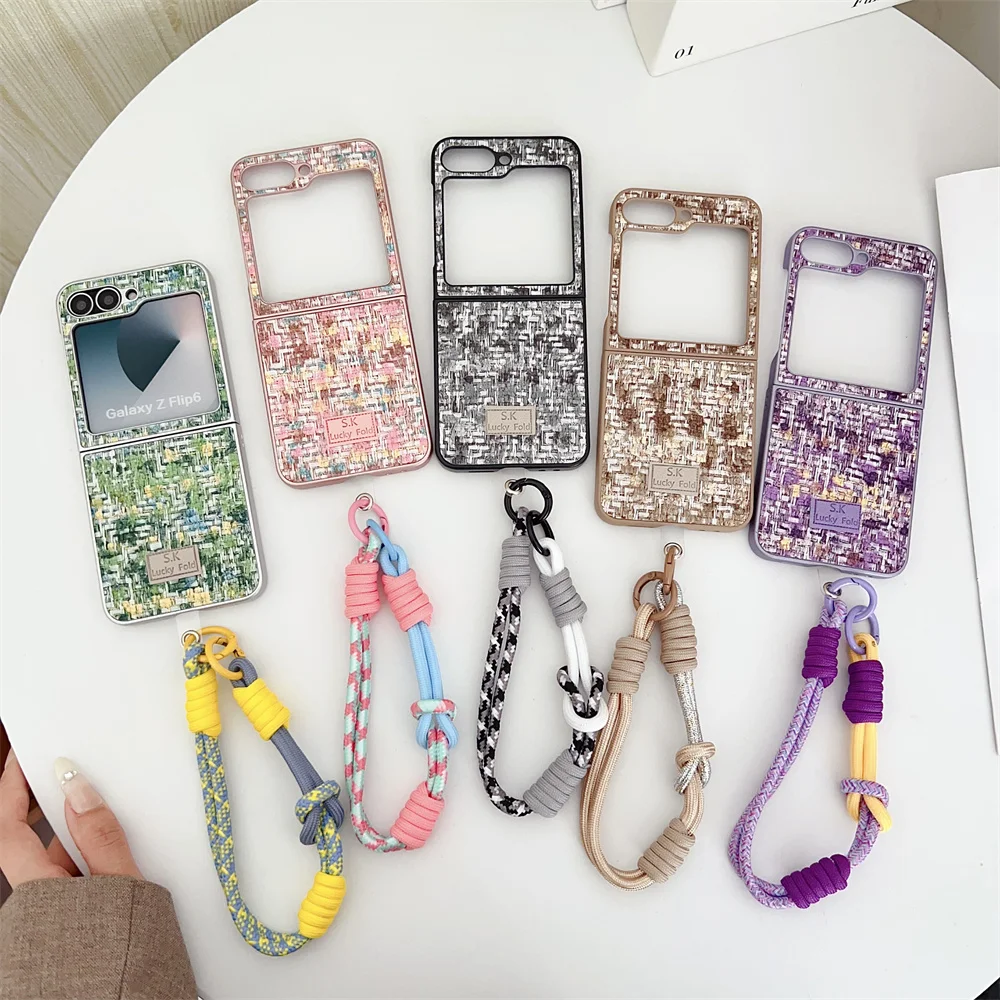 Colorful Woven Pattern Phone Case For Samsung Galaxy Z Flip 4 5 6 5G PC Hard Shell Hand Strap Protective Flip6 Back Cover