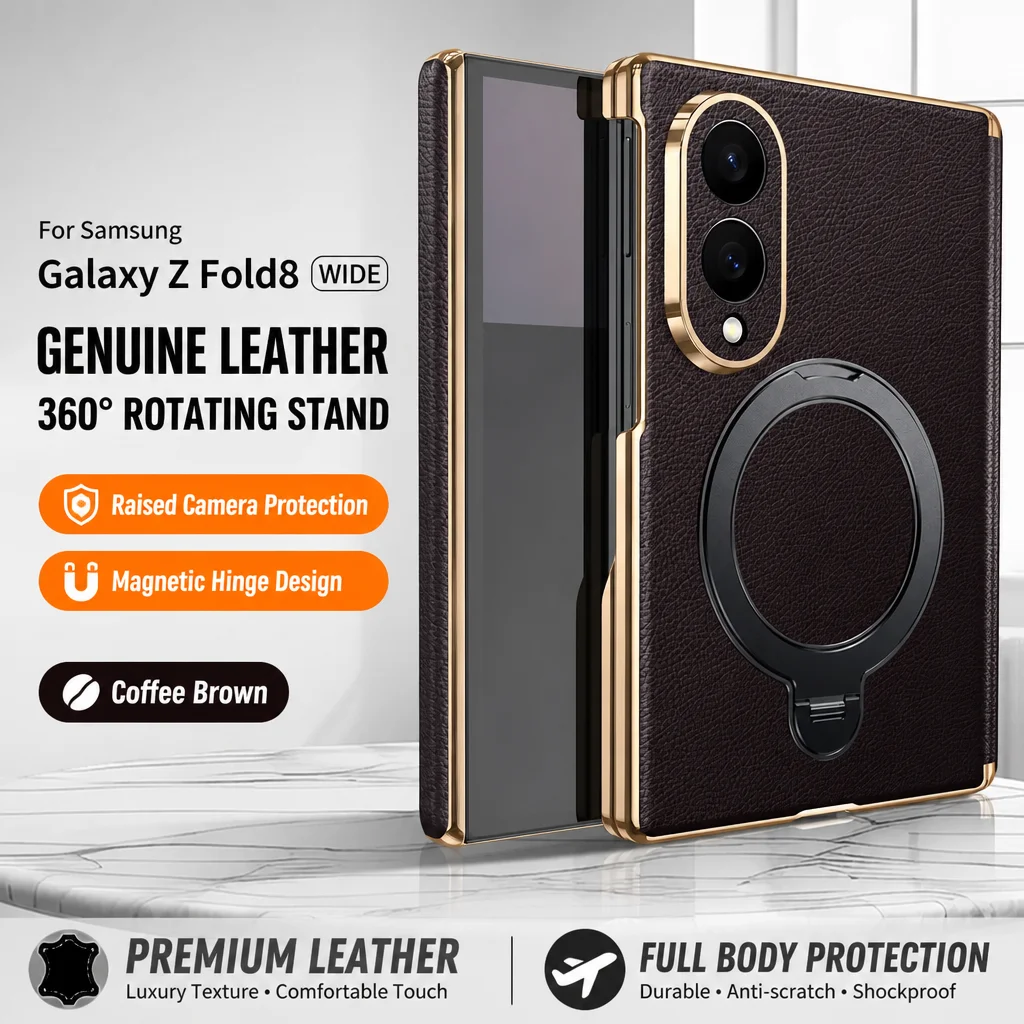 For Samsung Galaxy Z Fold8 Fold 8 Wide Ultra Genuine Cowhide Leather Bracket Case Magnetic Hinge Protection Back Cover For Fold8