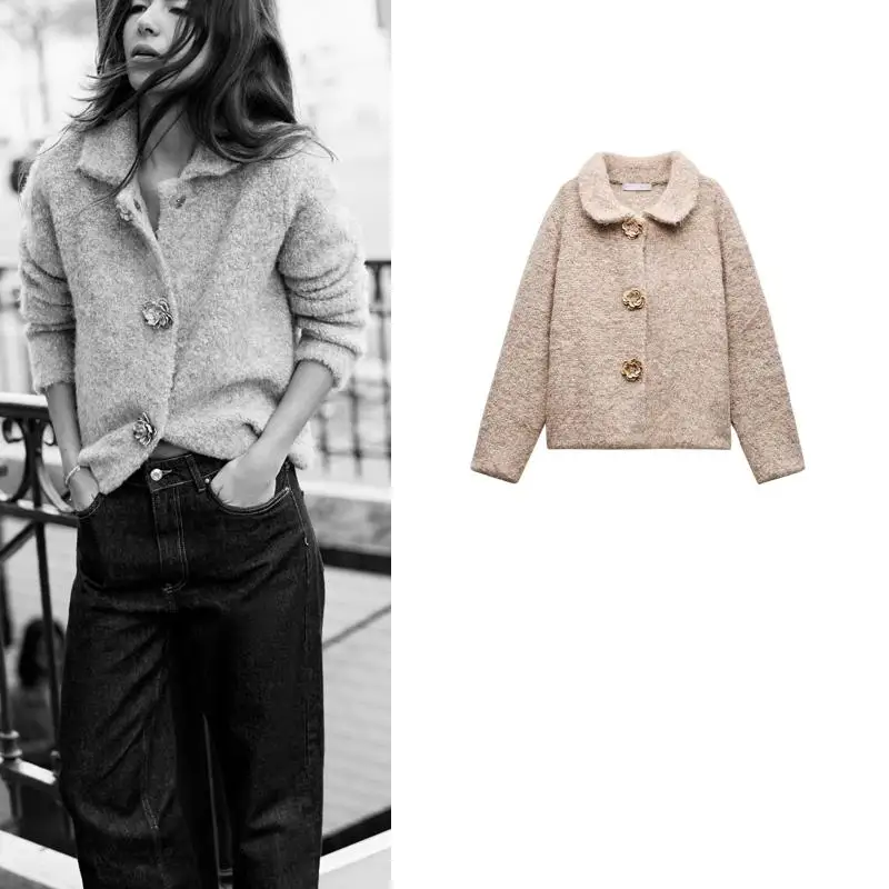

New Autumn Winter Women's Jaet Flower ape Button Decoration Artificial Fur Effect Knitted Polyester Fiber Long Sve Coat