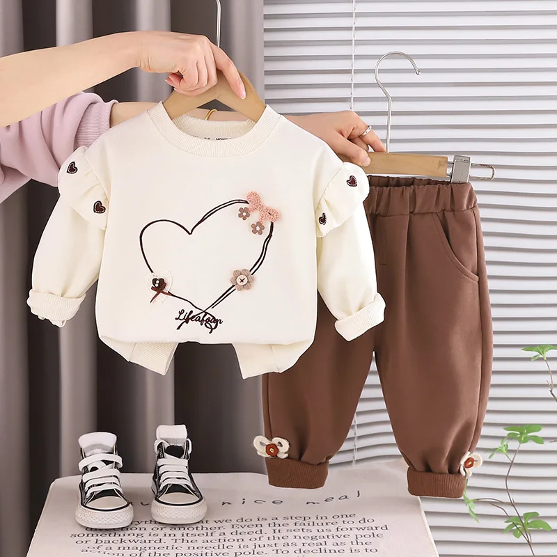 Little Girls 2 Piece Sweet Outfit Heart Floral Embroidery Ruffle Long Sleeve Sweatshirt and Pants Kids Spring Casual Tracksuit