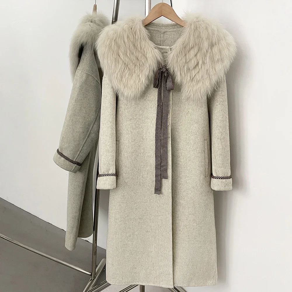 

Женское длинное шерстяное пальто, куртка из лисьего меха, женская осенне-зимняя новая шерстяная куртка с воротником из натурального меха, верхняя одежда из натурального меха, женские карманы