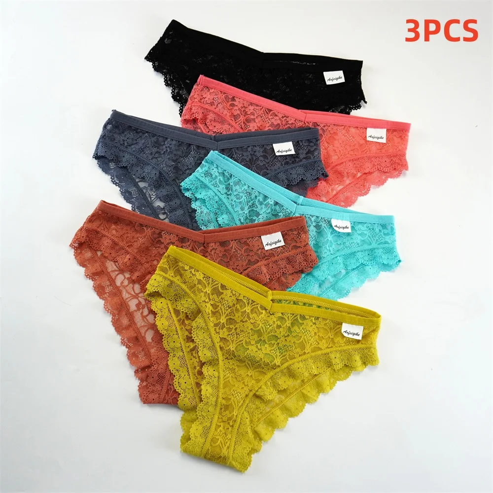 3PCS/pack Lace Allure Underwear Female Mid-waist Breathable Seamless Women Sexy Hollow Mesh Cotton Crotch Girls Lingerie