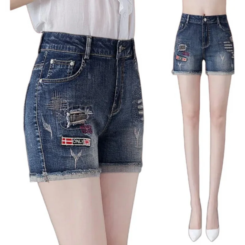 Stretch Denim Shorts,Women High Waist Straight Tube A-line Hot Pants，Female Fake Two Pieces Casual Jean Shorts