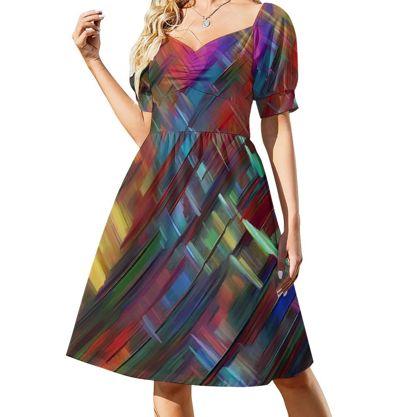 Abstract Brush Print Casual Dress Colorful Print Aesthetic Dresses Sexy V Neck Trendy Graphic Dress Big Size 3XL 4XL