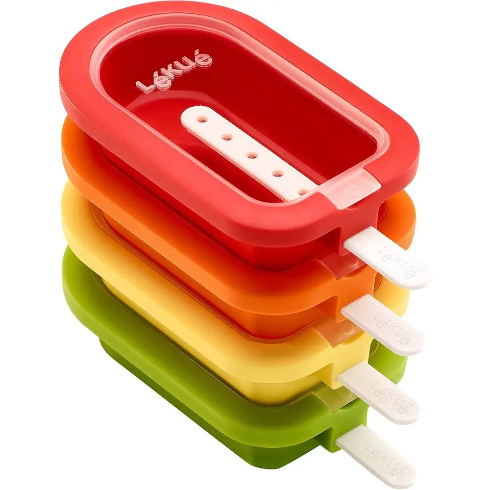 Set of 4 Stackable Silicone Ice Molds + Sticks & Lids | Homemade Freezer Ice Cream & Frozen Snacks | Flexible Platinum Silicone