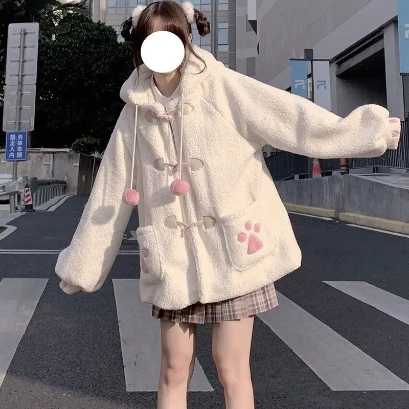 Autumn and Winter Japanese Women Coat Students Korean Loose Versatile Cute Bear Rabbit Lamb Coat Female Preppy Style Jacket