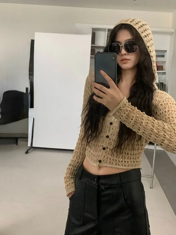 

Grunge Thin Hollow Out Vintage Sexy Cardigan Coats 2024 Hooded All Match Knitted Sweaters Y2k Women Fashion Casual Crop Tops