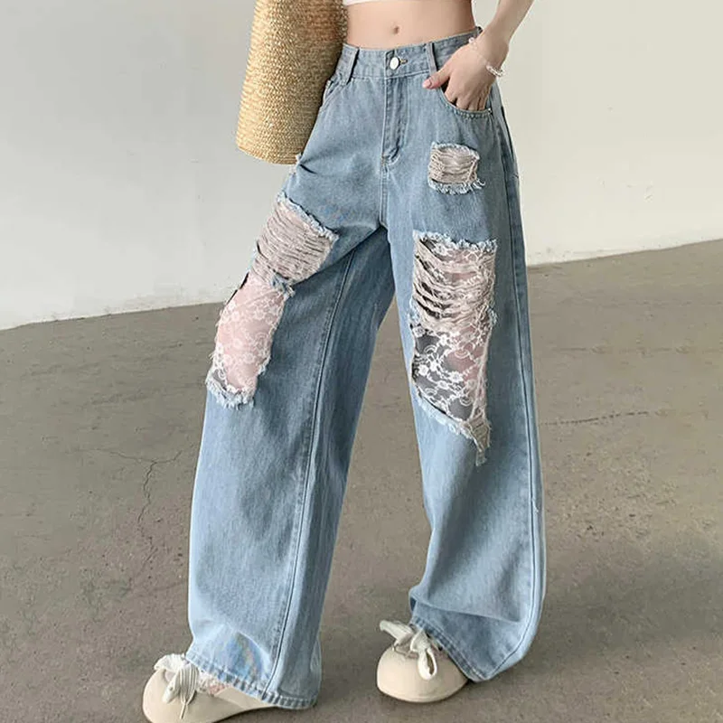 Épissure dentelle trou Denim pantalon femmes été mince Style américain rétro jambe large jean droit surdimensionné taille haute pantalon