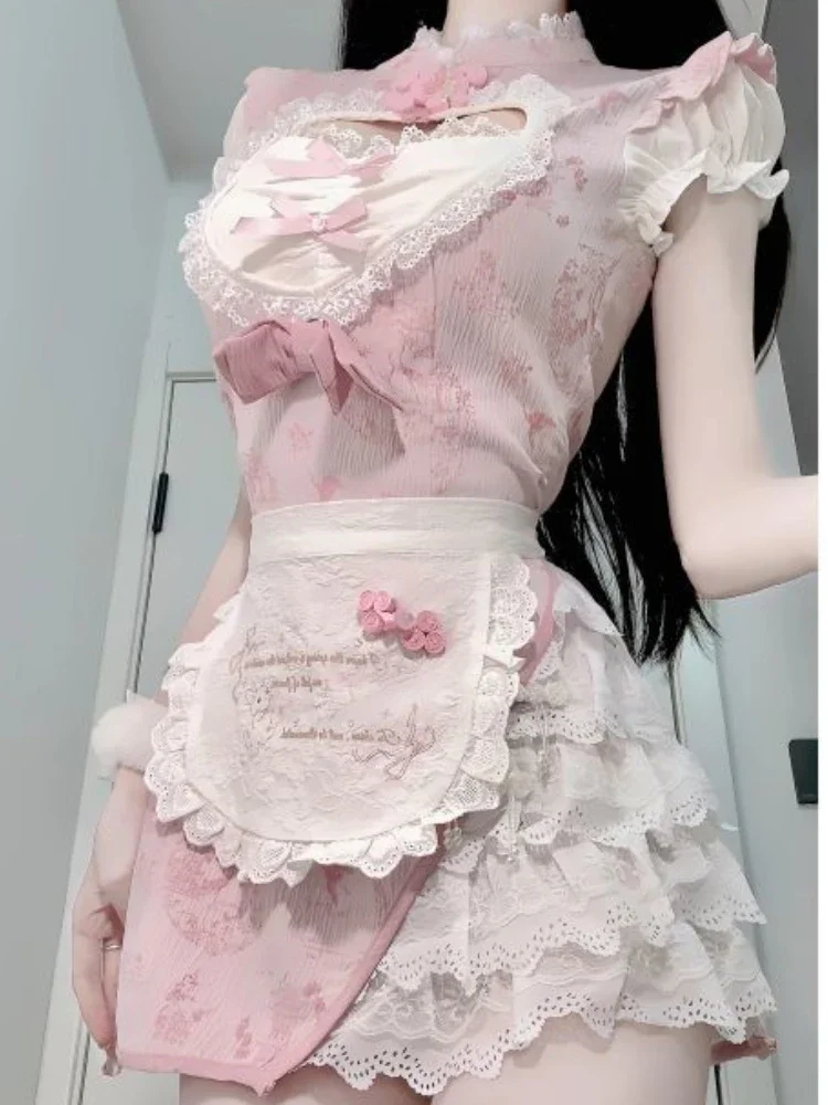 2025 Estate Vintage Kawaii Dolce Vestito Delle Donne Dell'arco Del Merletto Lolita Mini Vestito Femminile Grembiule Rosa Chic Stampa Mini Patchwork Vestito Sottile