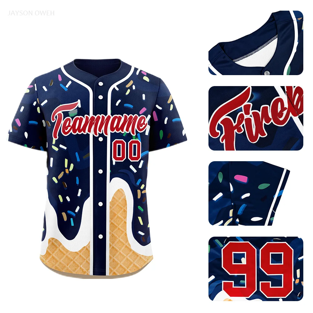 

Custom Short Sleeve Baseball Jersey Printed Donut Themed Design Plus Size Personalized Team Uniform Shirt for Adults Youth