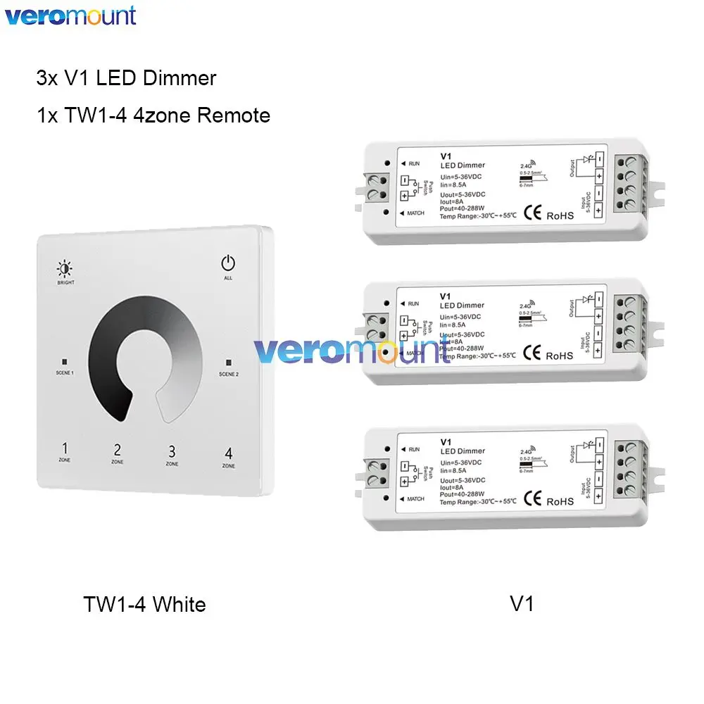 Skydance V1 LED Dimmer 1CH 5V 12V 24V 36V Enkele Kleur LED Strip Dimmen Kit Draadloze 2.4G RF 4Zone Afstandsbediening Touch Schakelaar