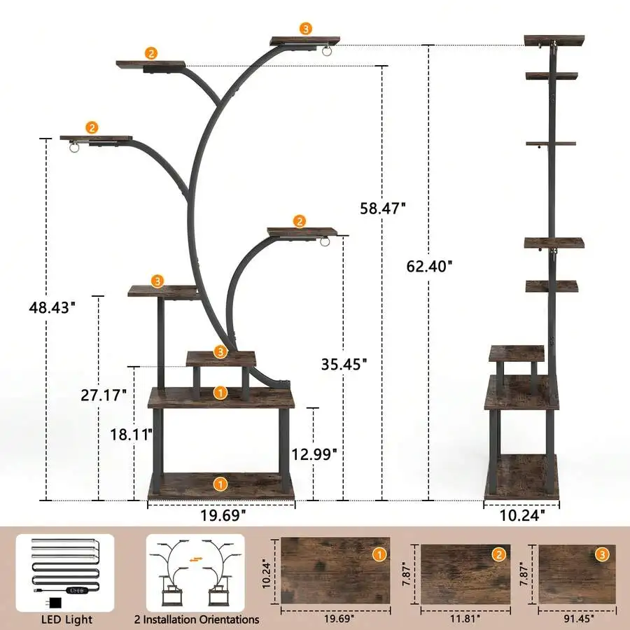 Tree Plant Stand Indoor, 8-Tier Plant Shelf With Wood Shelves, Freestanding Plant Rack For Multiple Flower Pots, Living Room, Ba