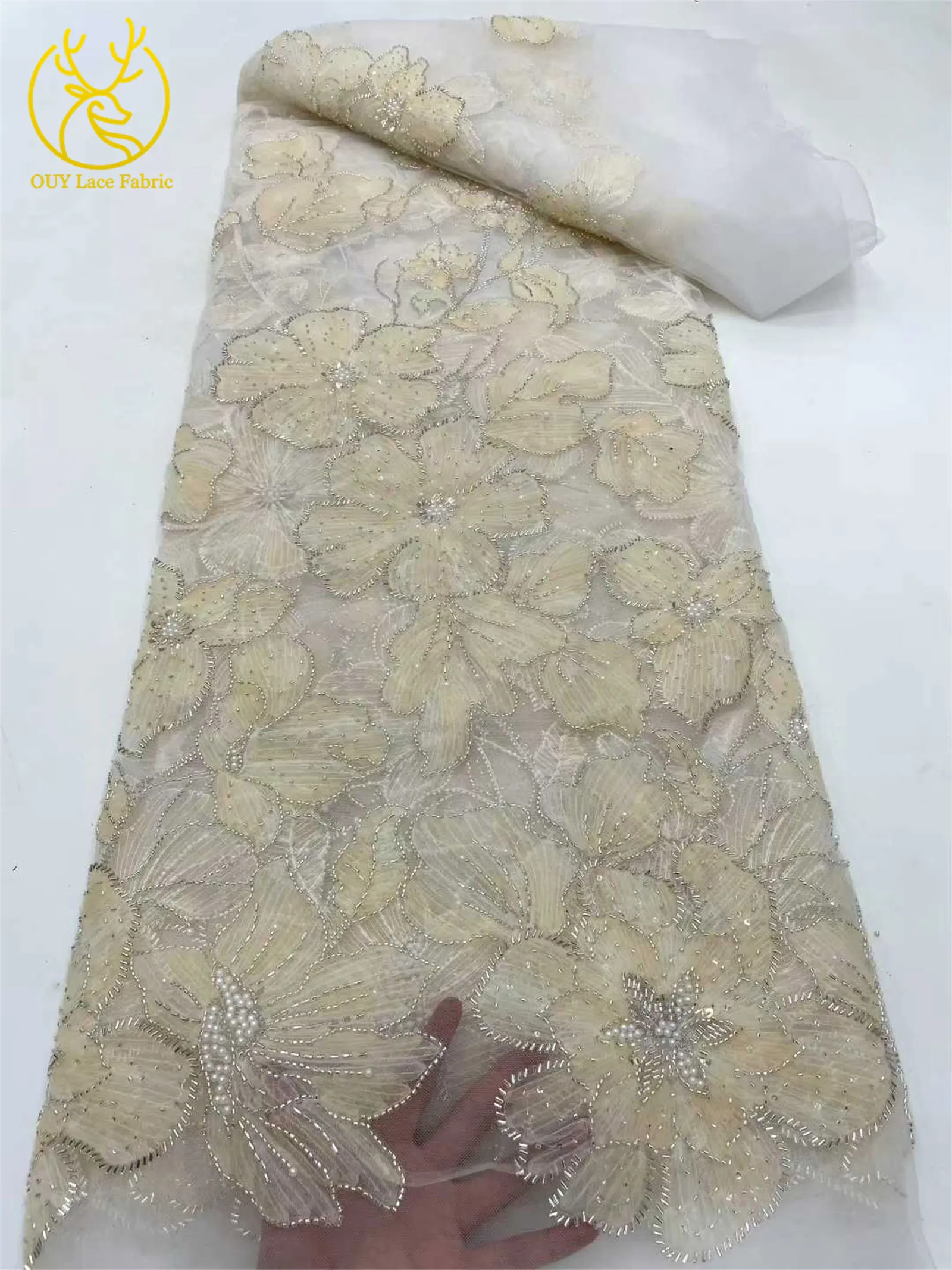 Elegant Nigerian African Beaded Lace Fabric 2025 French Sequins Embroidered Flower African Lace Fabric for Sewing Dresses