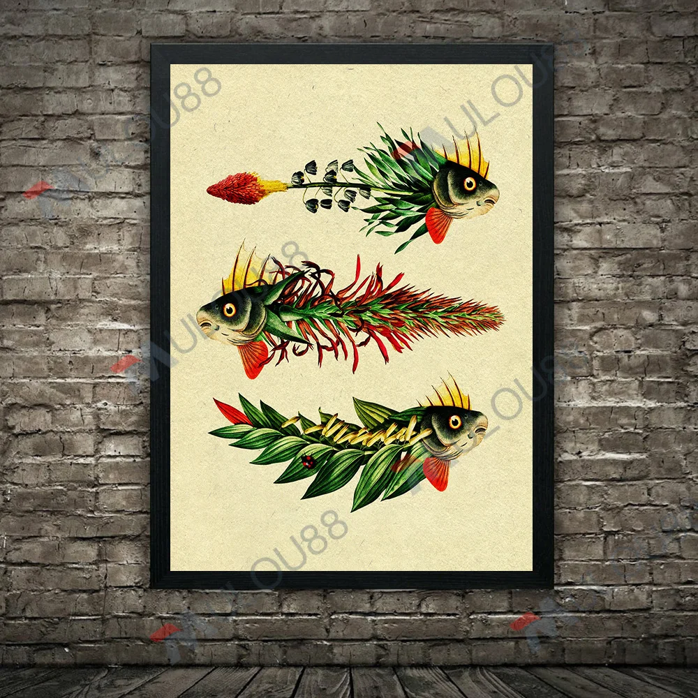 Fish And Plants Surreal Fantasy Vintage Wall Art Canvas Painting Flower Bone Fish Gothic Art Poster Print For Living Room Decor