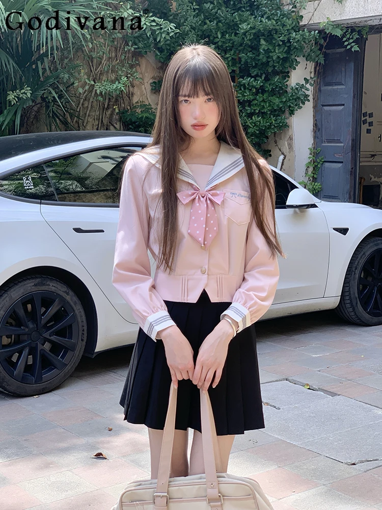 

Sweet Pink College Navy Collar Japanese JK Pink Long Sleeve Autumn Shirt Cute Girl High Waist Black Age-reducing Pleated Skirt