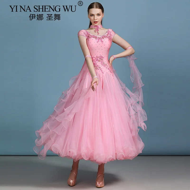 Women Waltz Competition Ballroom Dress Standard Mordern Dance Performance Stage Costume Evening Gowns Short Sleeves Rhinestones