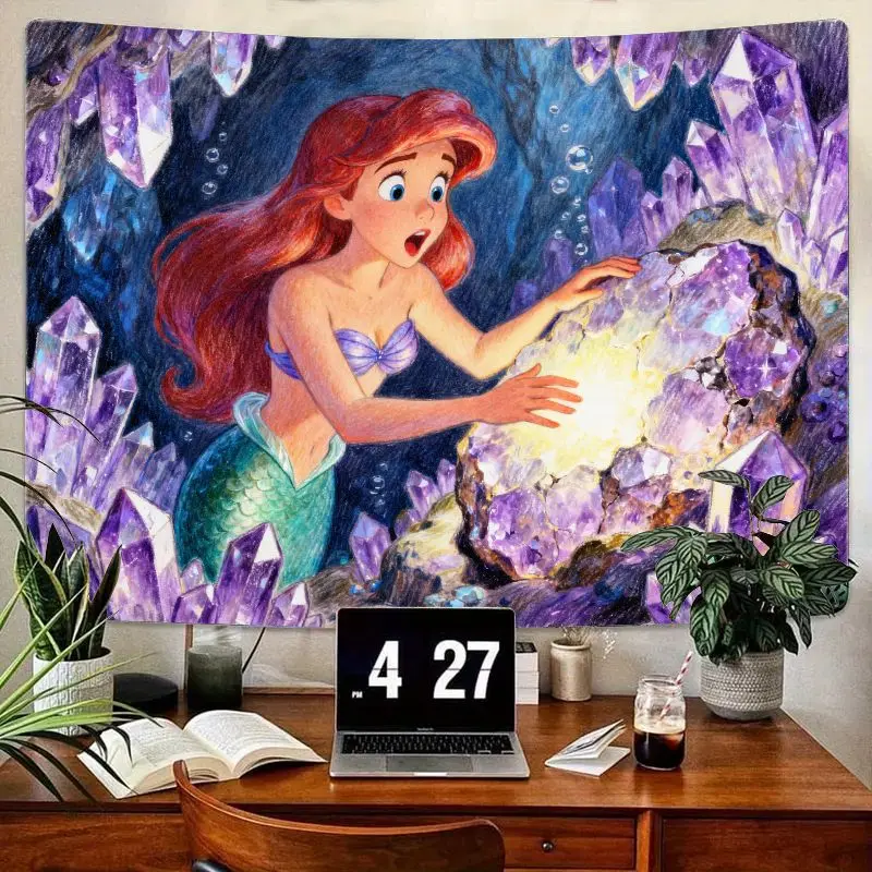 

1PC Disney Little Mermaid Ariel Tapestry, Vibrant Purple Crystal Cave Wall Art, Fantasy Bedroom Living Room Decor for Girls.