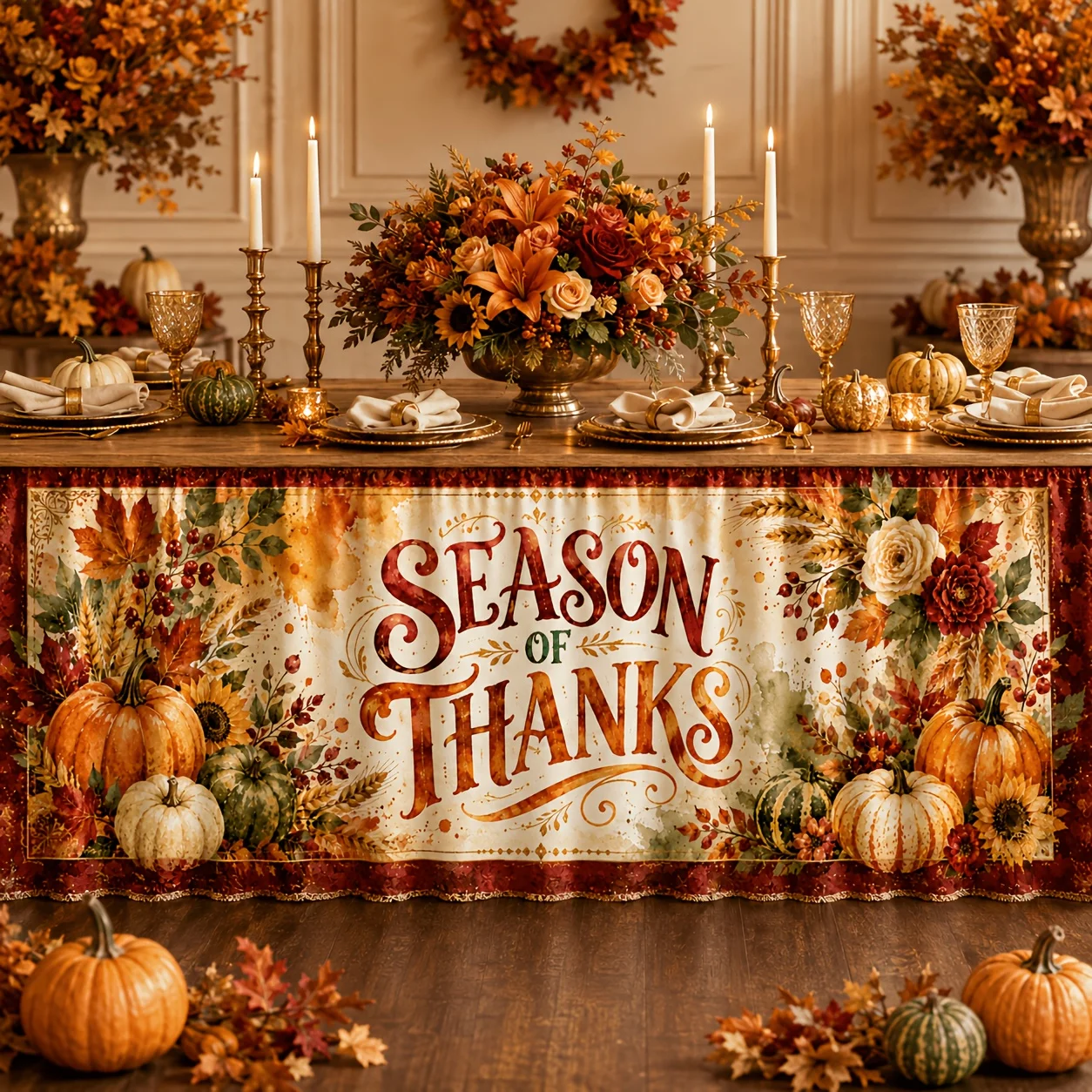 Send a set of table skirts (1 piece) featuring autumn pumpkin prints in polyester fabric.zyc