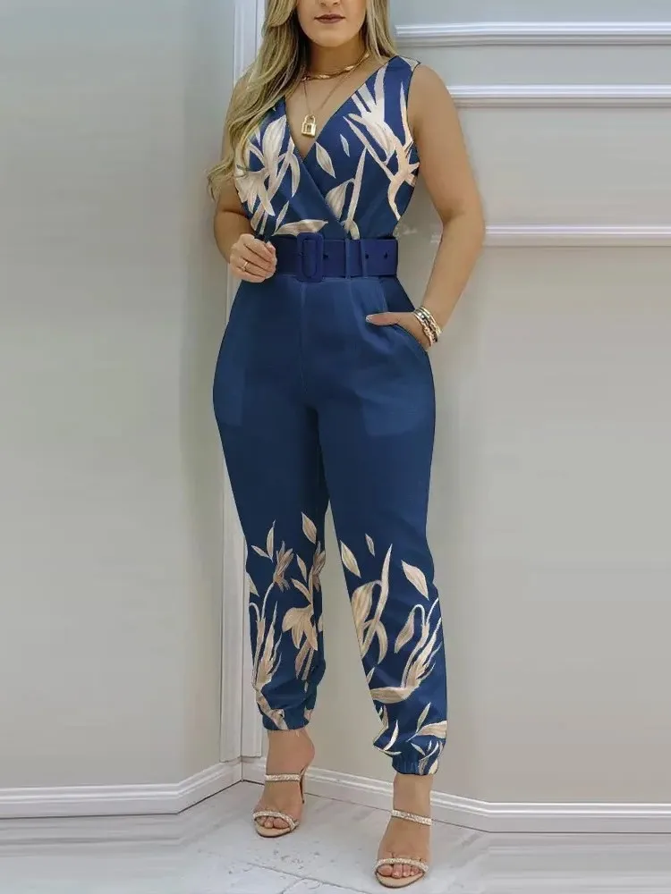 

Summer Women Jumpsuits Elegant Office Lady Sexy V-neck Sleeveless Print Jumpsuits New Fashion With Belt Vest Playsuit Streetwear