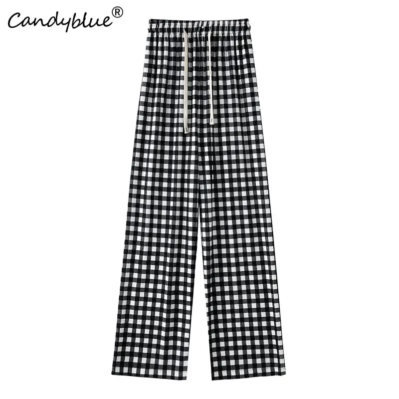 

Summer New Style Plaid Wide-leg Trousers Women's High Waist Sagging Sensation Casual Versatility Straight Cylinder Sweatpants