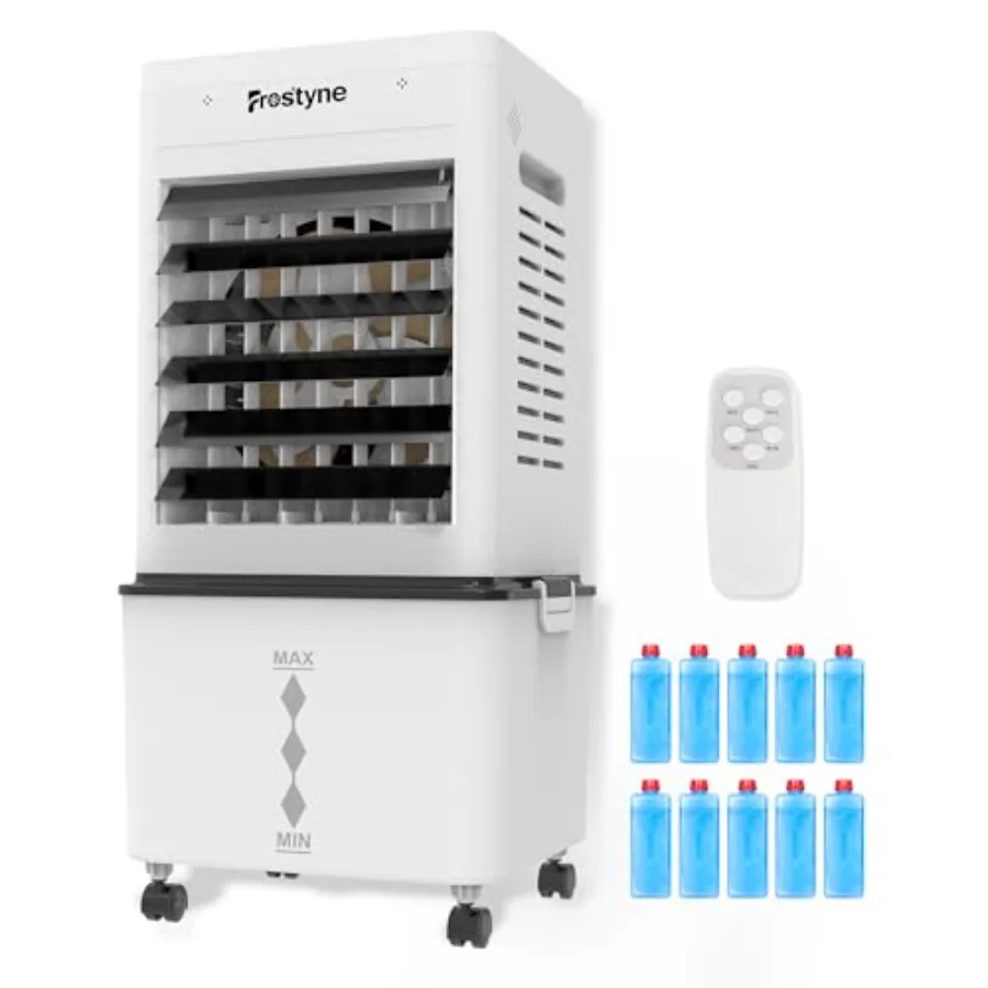 

Portable Evaporative Air Cooler w/Humidifier 3Ga Water Tank, 10 Ice Packs, 6 Speeds 4 Modes, Timer Remote, Windowless Portable