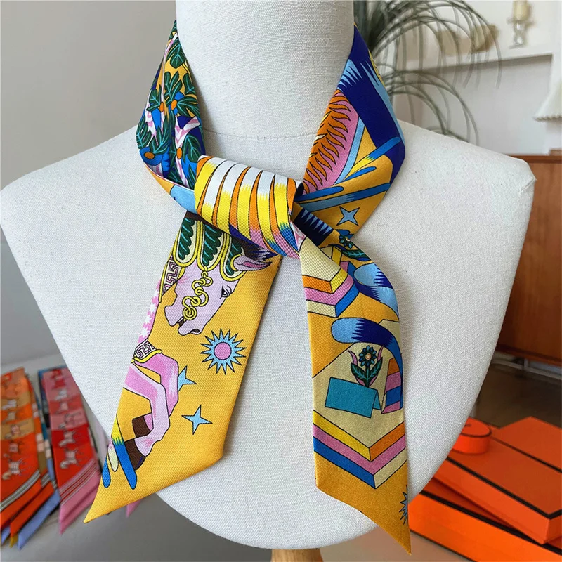 100% Silk High Quality Luxury Brand Scarf Women Headband Hair Band Foulard Tie Ribbon Neckerchief Skinny Scarves Accessories