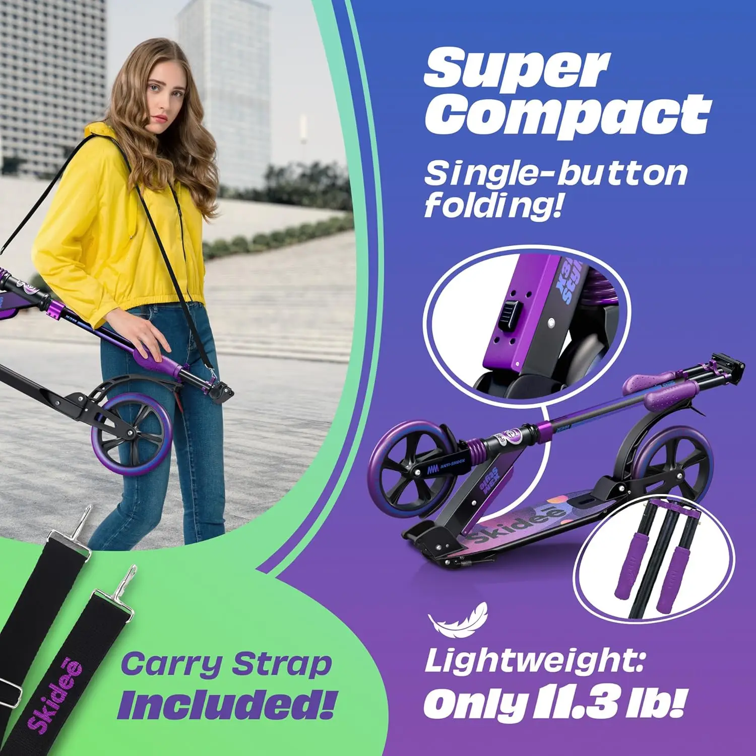 Scooter for Adults and Teens - Adjustable Height, Kids Scooter, Folding Scooter, Large Sturdy Wheels for Smooth Ride, Lightw