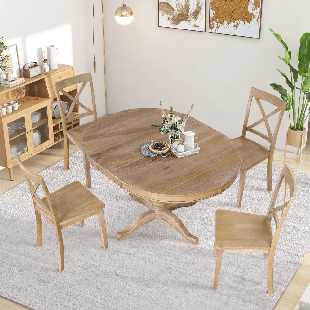 Extendable Dining Table Set for 4 Persons, 5 Piece Round Dining Table Set with Extendable Dining Table and 4 Kitchen Room Chairs