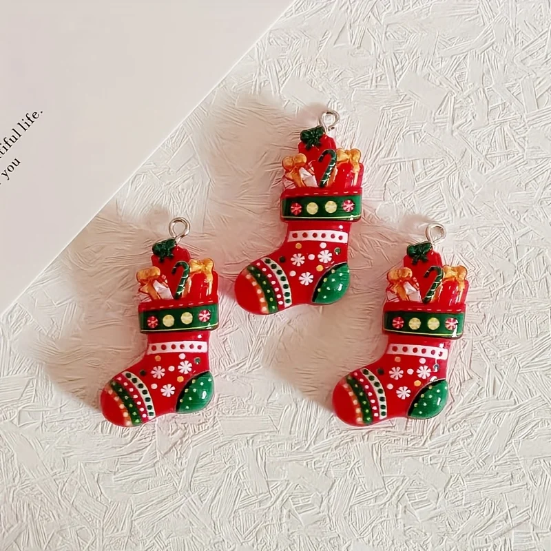 10 Pcs Mini Christmas Stocking Resin Charms Funny DIY Xmas Jewelry Making Accessories, Additions For Bracelets And Handbags