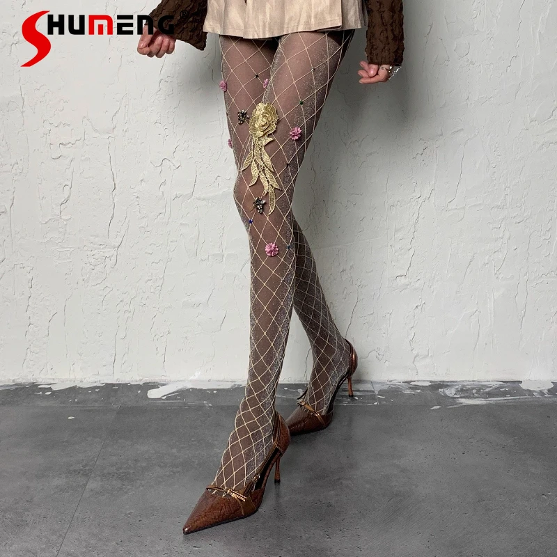 

Японские укрепляющие кожу кофейного цвета, блестящие шелковые ажурные чулки Millennium, реконструкционные колготки до щиколотки с золотым цветком