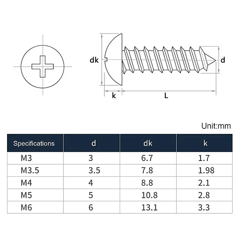 M3 M3.5 M4 M5 M6 316 Stainless Steel Cross Recessed Truss Head Self Tapping Screw Phillips Large Flat Mushroom Head Wood Screw