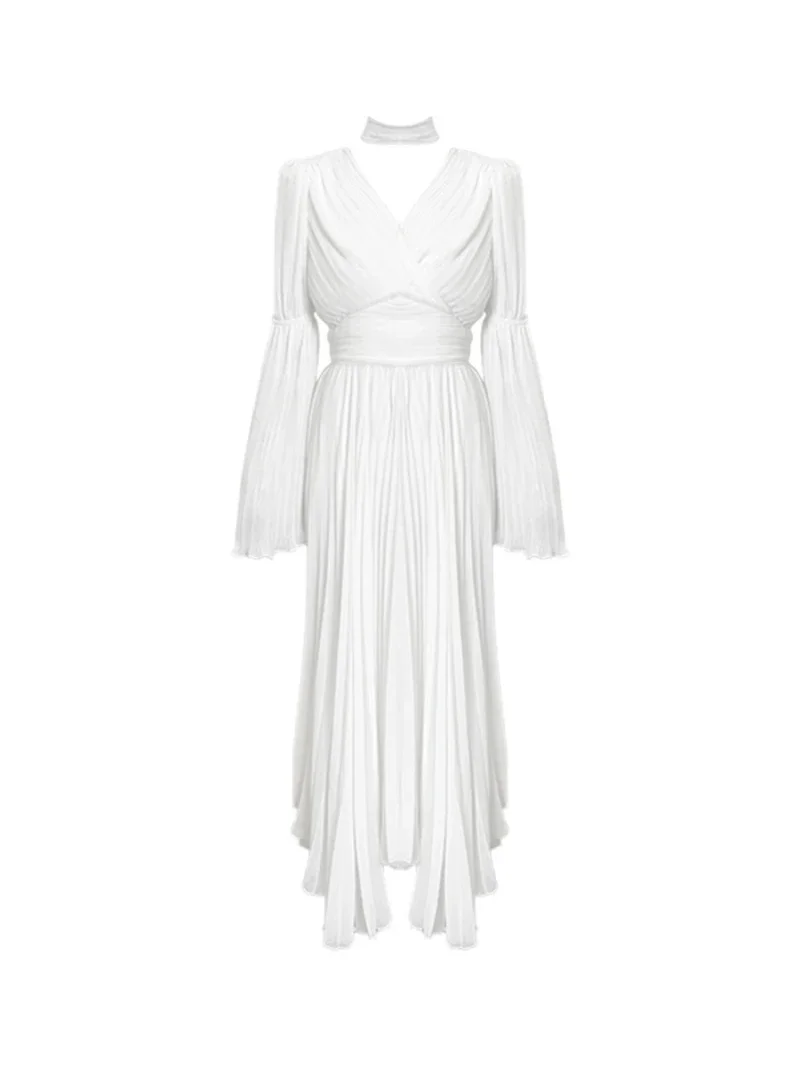 Vestido de fiesta blanco informal con cuello de pico para mujer, vestido de manga larga de estilo francés a la moda, vestido Vintage por debajo de la rodilla elegante 2024