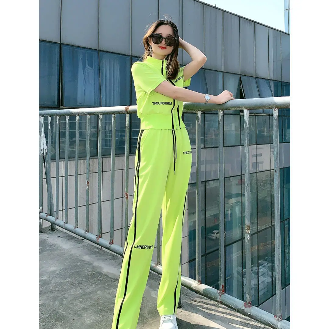 Casual Sports Set Spring/Summer Letter Short Sleeve Zipper Top+Fashion Wide Leg Pants Two Piece Set