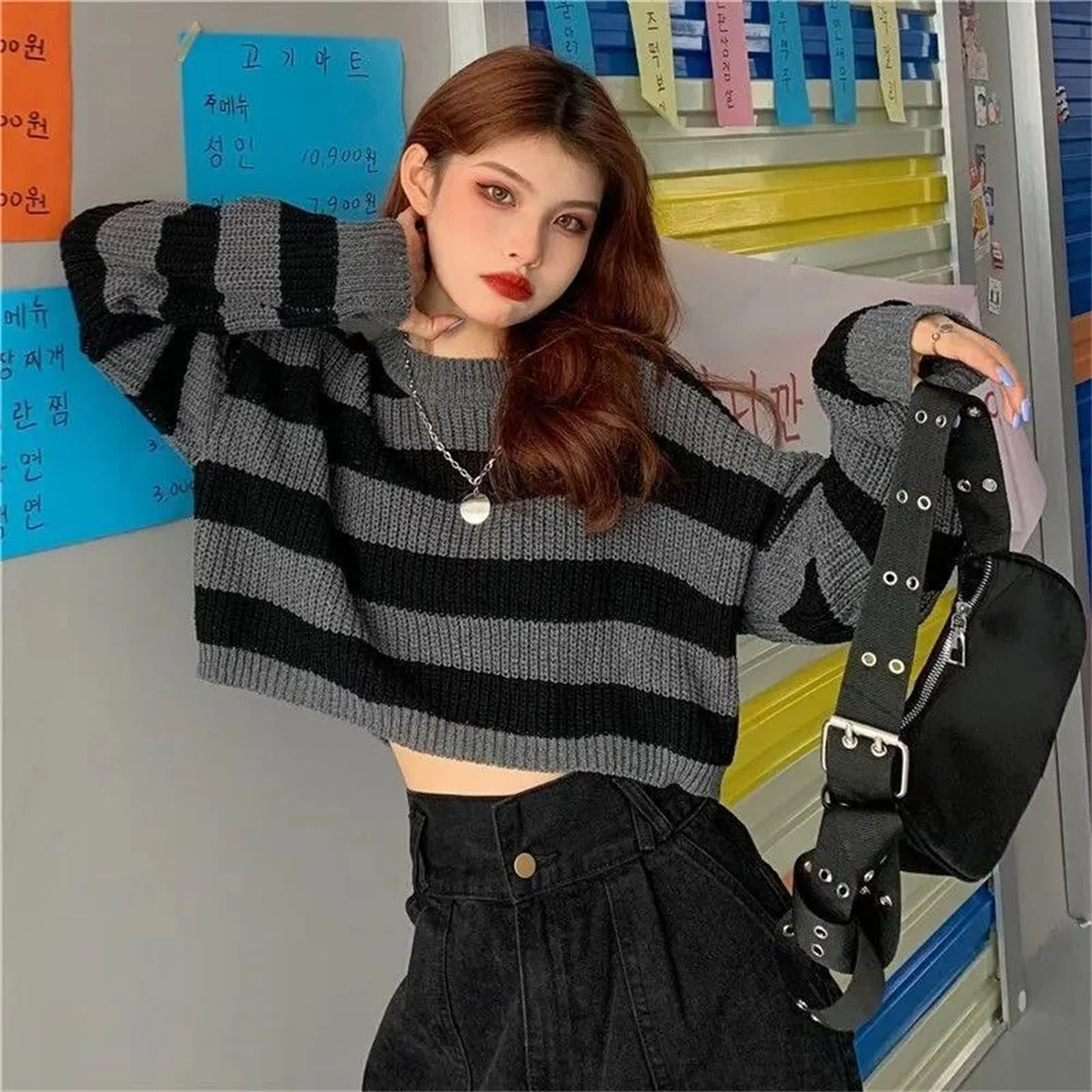 

Women Vintage Oversize Knit Jumper Female Autumn Long Sleeve O-neck Pullovers Tops New Korean Style Striped Cropped Sweater