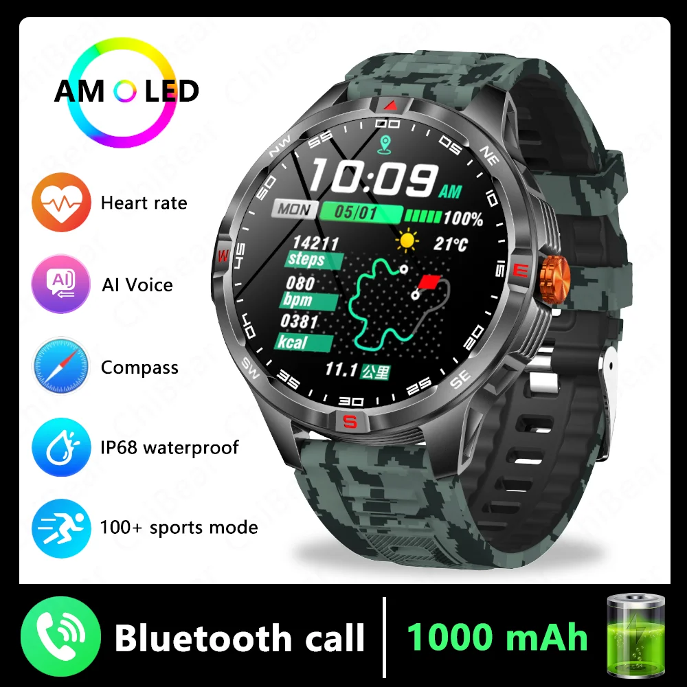 GPS Outdoor Militaire Heren Smart Horloge 5ATM Waterdichte Sport 1000 Batterij Kompas Gezondheid Monitoring Bluetooth Oproep Smartwatches