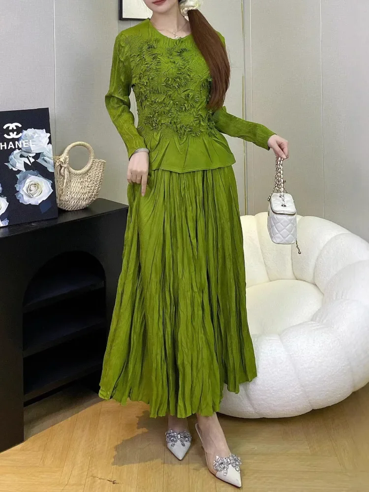 Fold Elegant 2 Pcs Petal Spliced Solid Color O Neck Long Sleeve Top Draped Loose Skirt Women's Suits 2025 Spring New