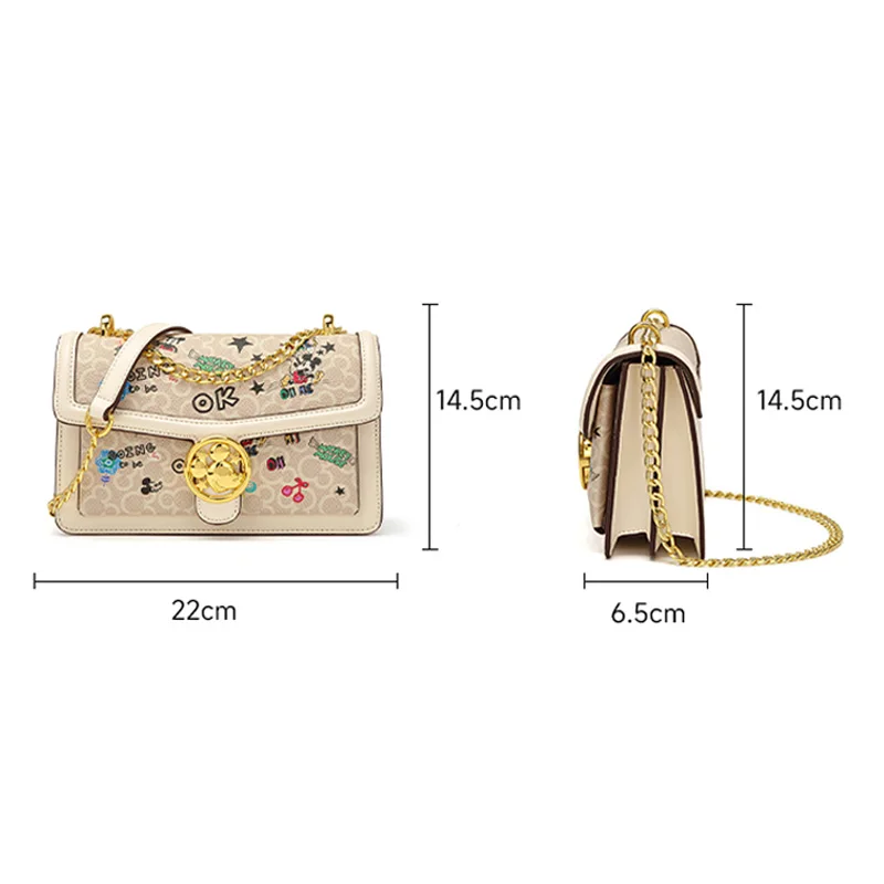 Disney Mickey Print Graffiti Shoulder Bag PU Leather Small Square Bag Chain Strap Shoulder Bag High Quality Crossbody Women Bag