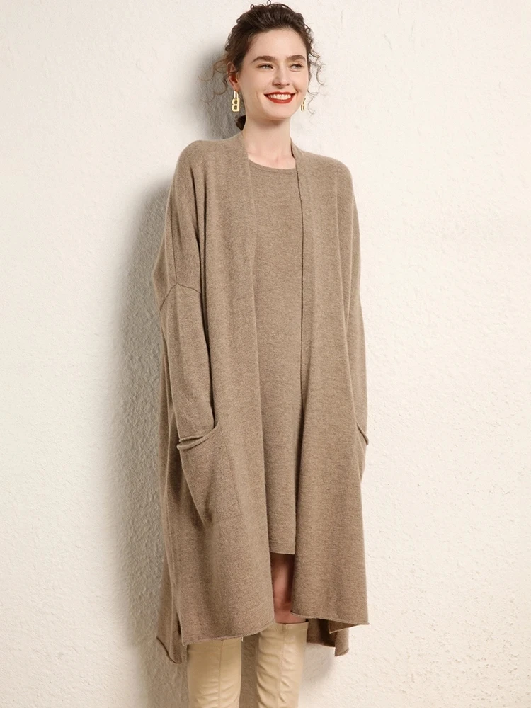 

Women 100% Cashmere Loose Sweater Irregular Cardigan Autumn Winter Simple Pockets Knitwear Solid Soft Elegant Clothing Long Coat