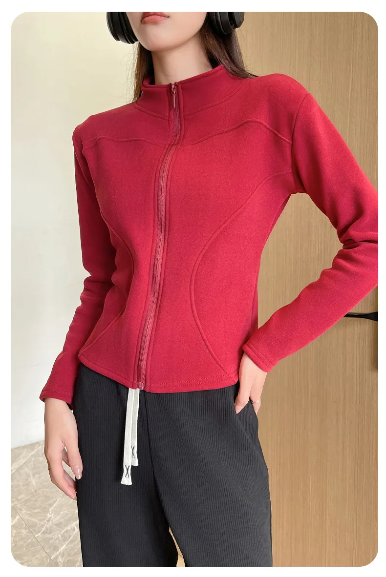 Women's Slim Fit Fleece Lined Short Sweatshirt Jacket Autumn Winter Thick Warm Zipper Jackets Woman Solid Stand Collar Yoga Wear