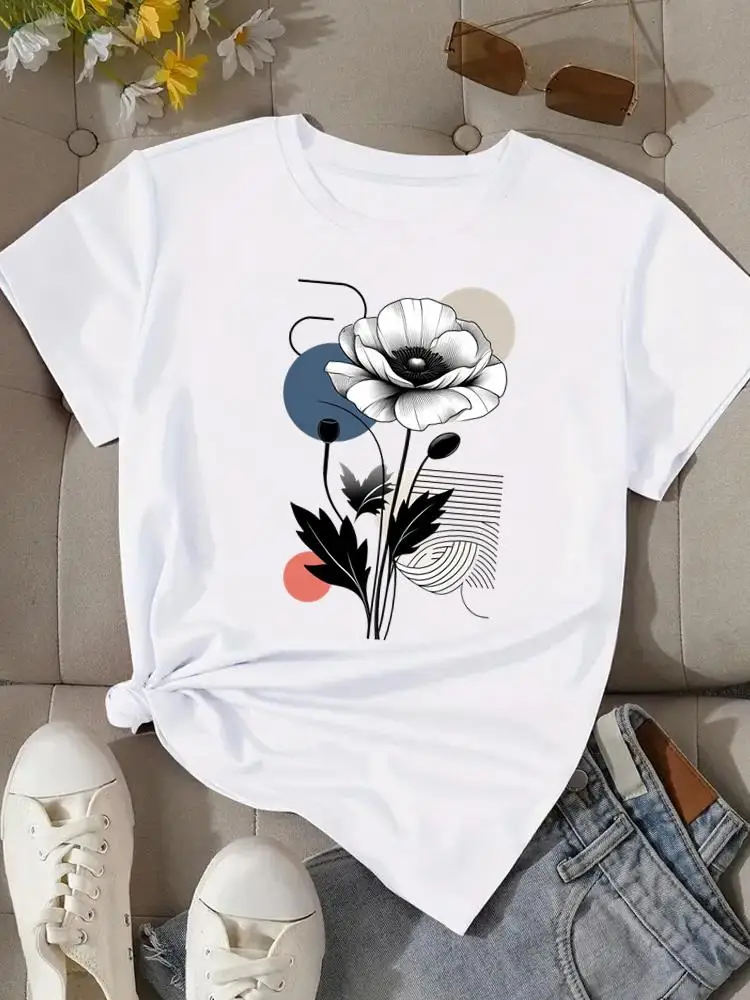 Camisetas estilo flor de acuarela para mujer, ropa informal Popular con estampado de T, ropa de manga corta con cuello redondo, camisetas gráficas de moda