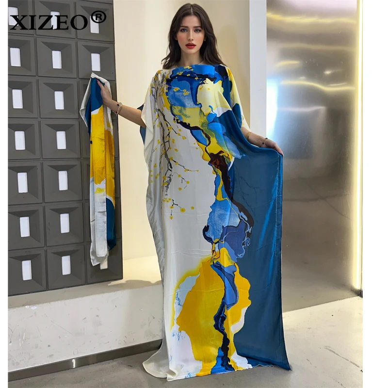 

XIZEO muslim african dresses for woman dubai abaya Crew Neck Wave dot print Kaftan Dress, Elegant Maxi Length Dress, maxi dress